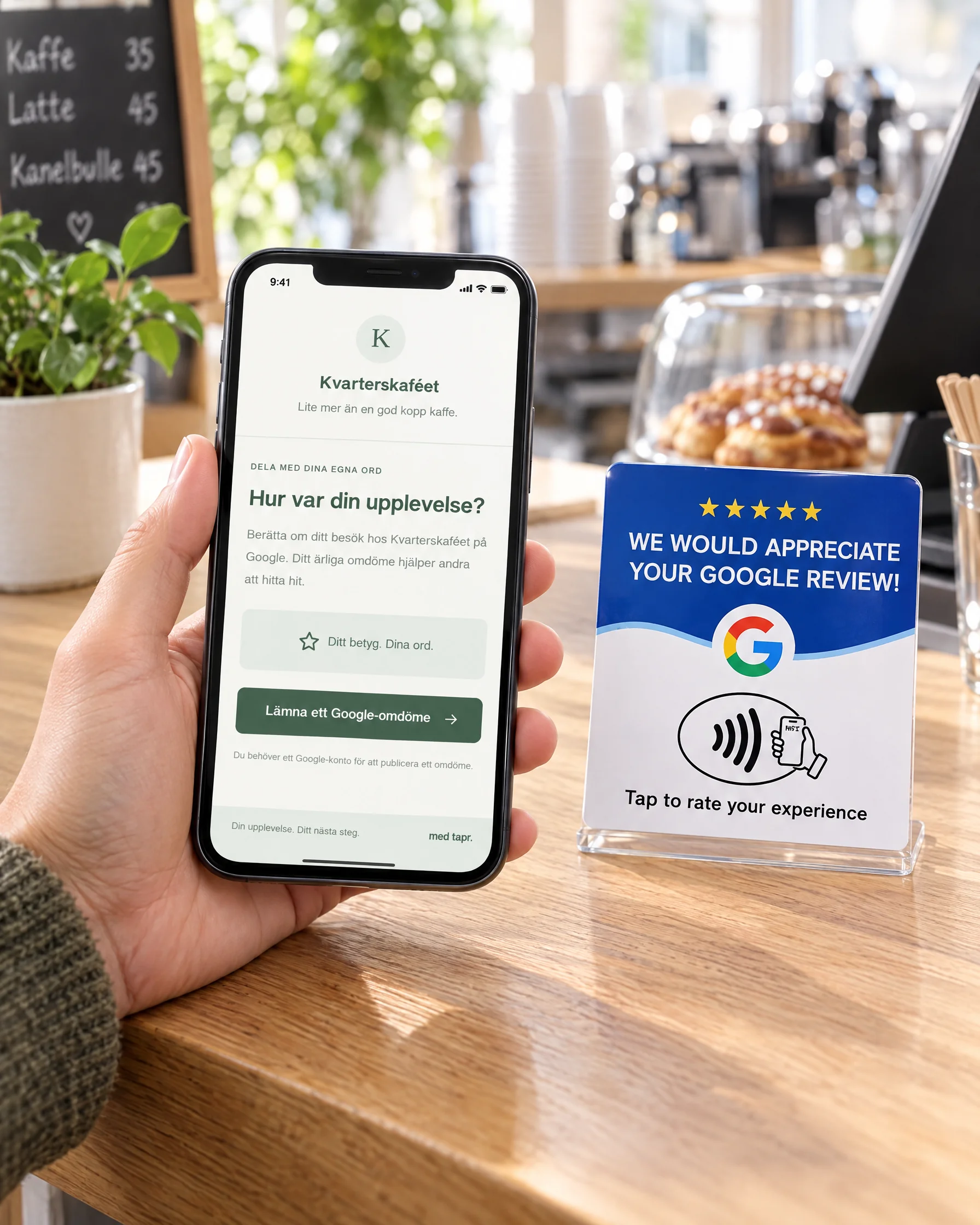 En mobil visar Kvarterskaféets exempel på kundsida med knappen Lämna ett Google-omdöme, bredvid Google Review-kortet