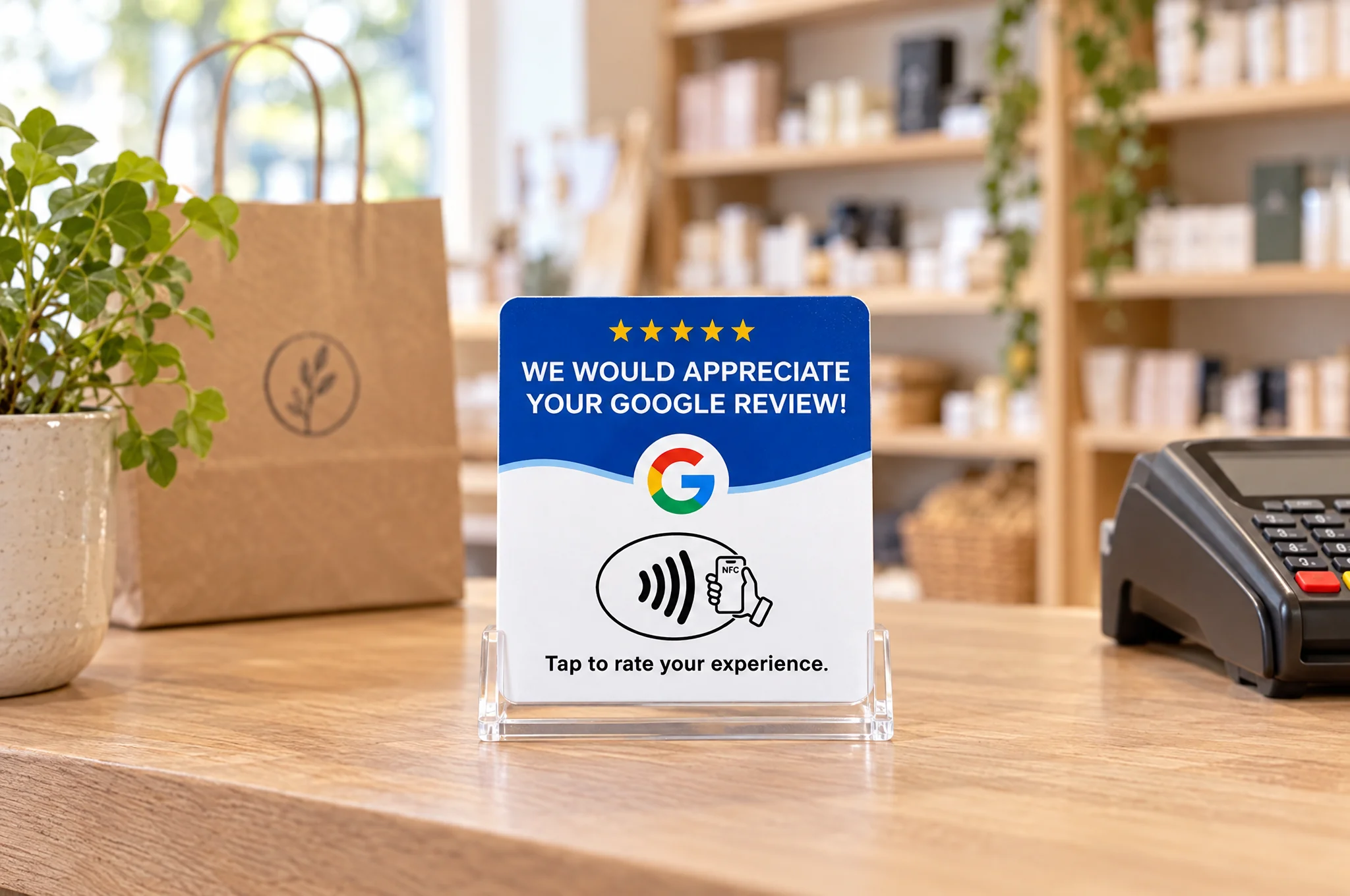 Blåvitt Google Review-kort i en genomskinlig hållare vid butikskassan